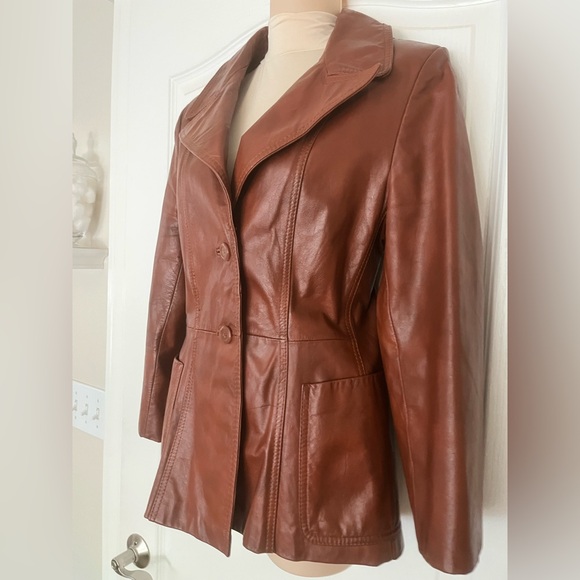 Vintage 70s Berman’s Sienna Brown Groovy Mod Leather Blazer Jacket, Size S-M - Picture 5 of 16